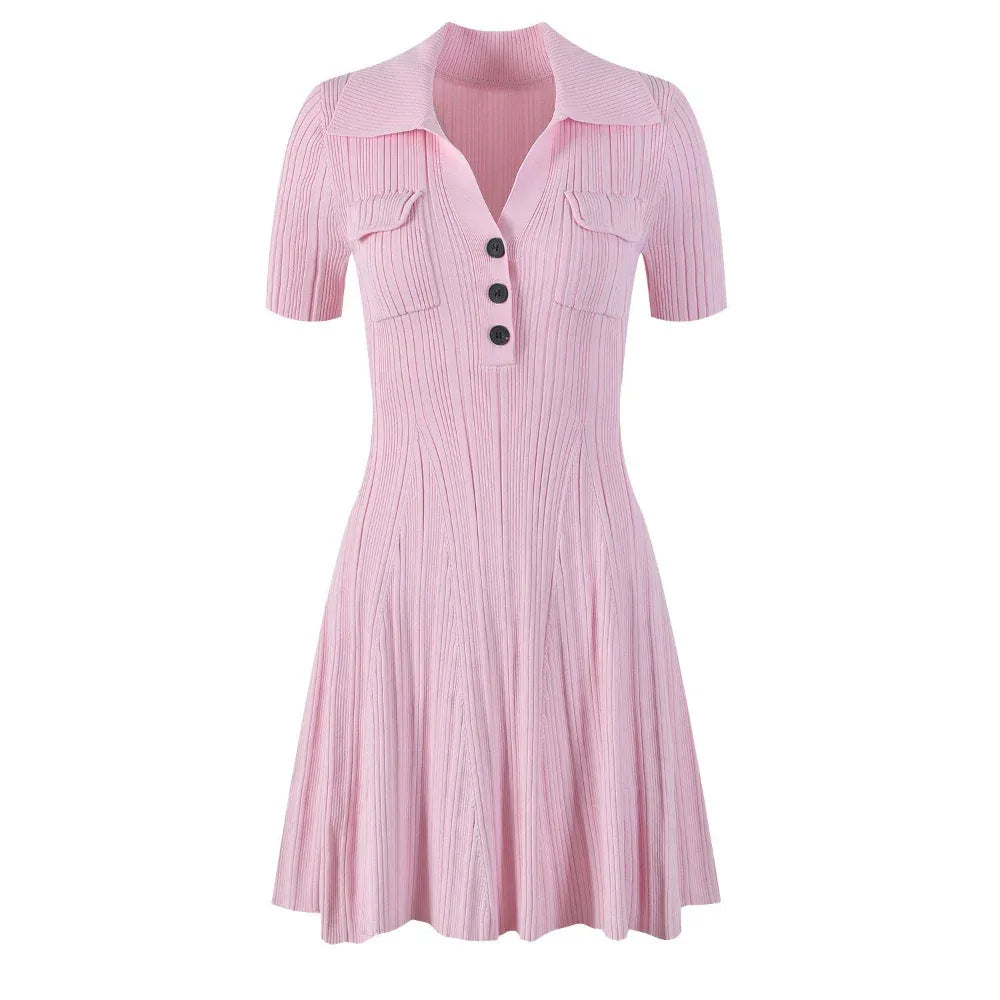 French Retro Solid Color Polo Collar Waist Slimming And Short A- Line Dress