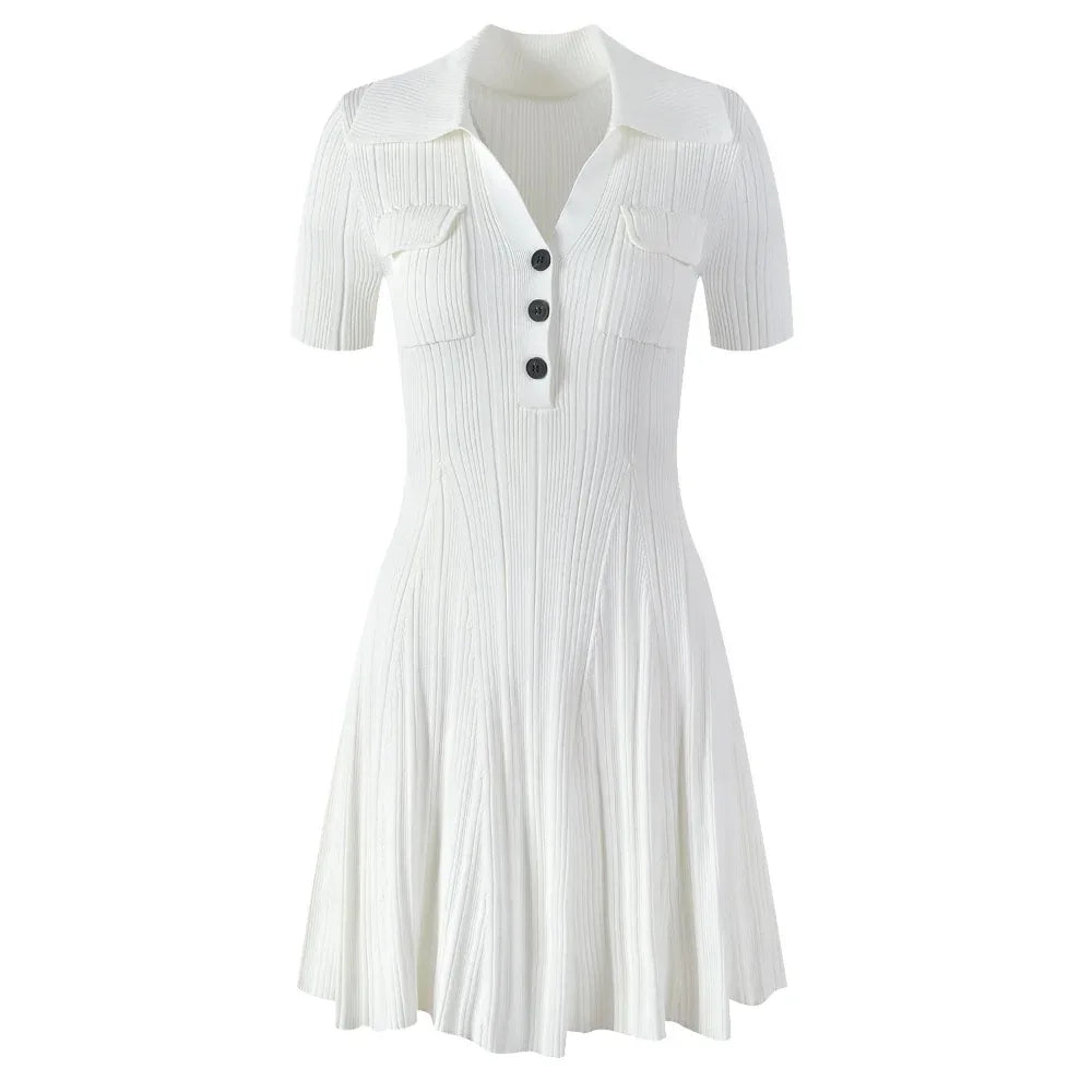 French Retro Solid Color Polo Collar Waist Slimming And Short A- Line Dress