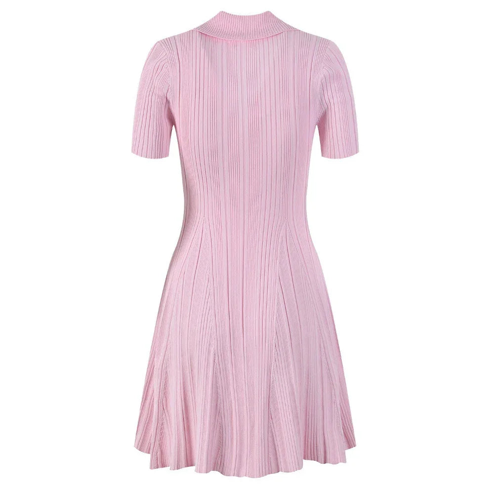 French Retro Solid Color Polo Collar Waist Slimming And Short A- Line Dress
