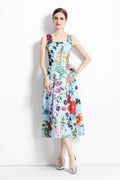 French Vintage Blue Floral High Waist Thick Strap Dress-0