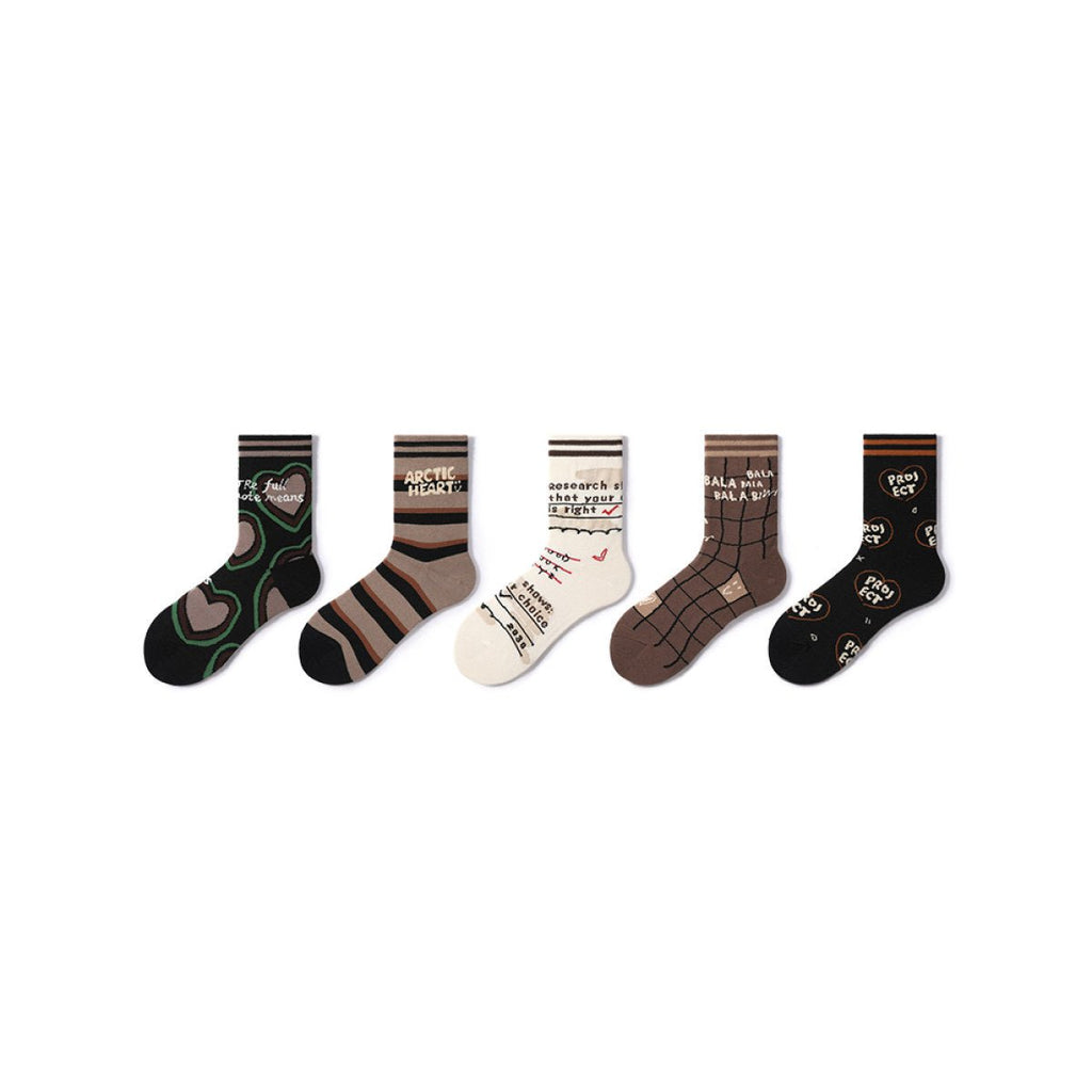 Full Note Retro Sporty All-season Women 5pcs Crew Socks Set-0