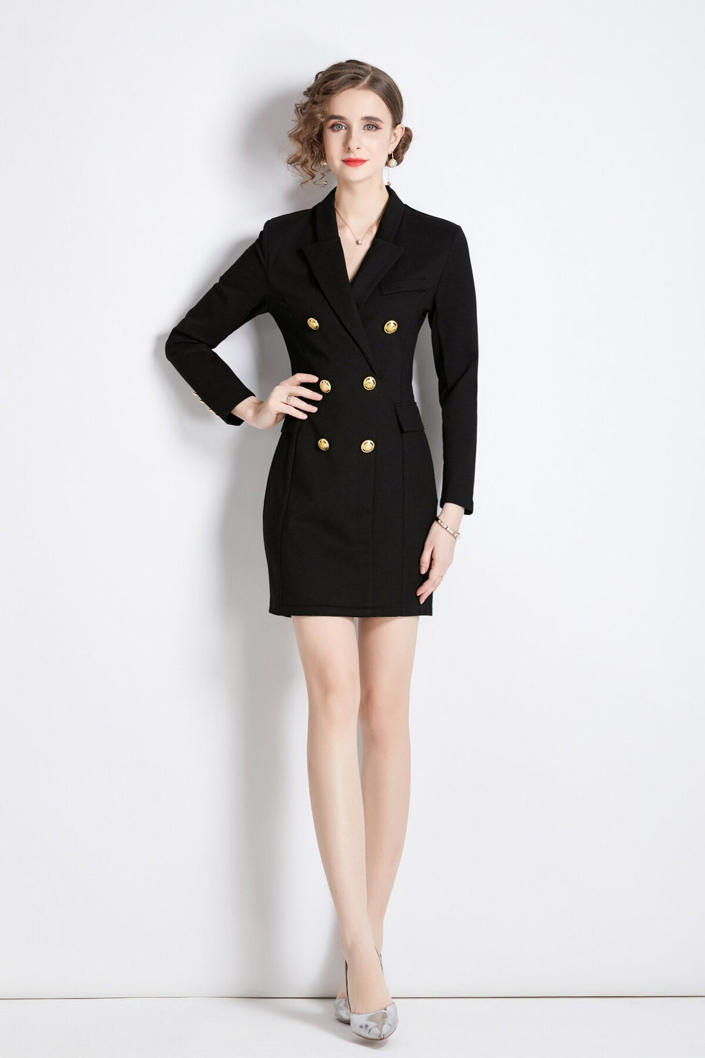Gold Double Breasted Little Black Blazer Dress