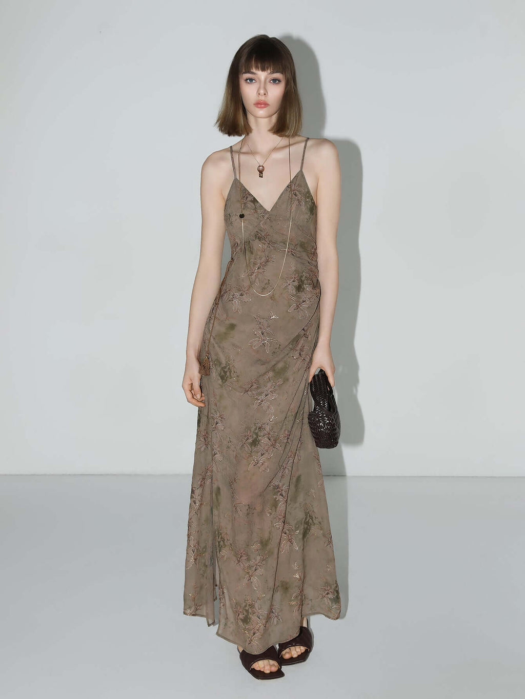 Golden Brown Tea Steep Floral Chiffon Cami Dress