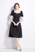 Jacquard Hand Beaded Square Neck Puff Sleeve Midi Dress