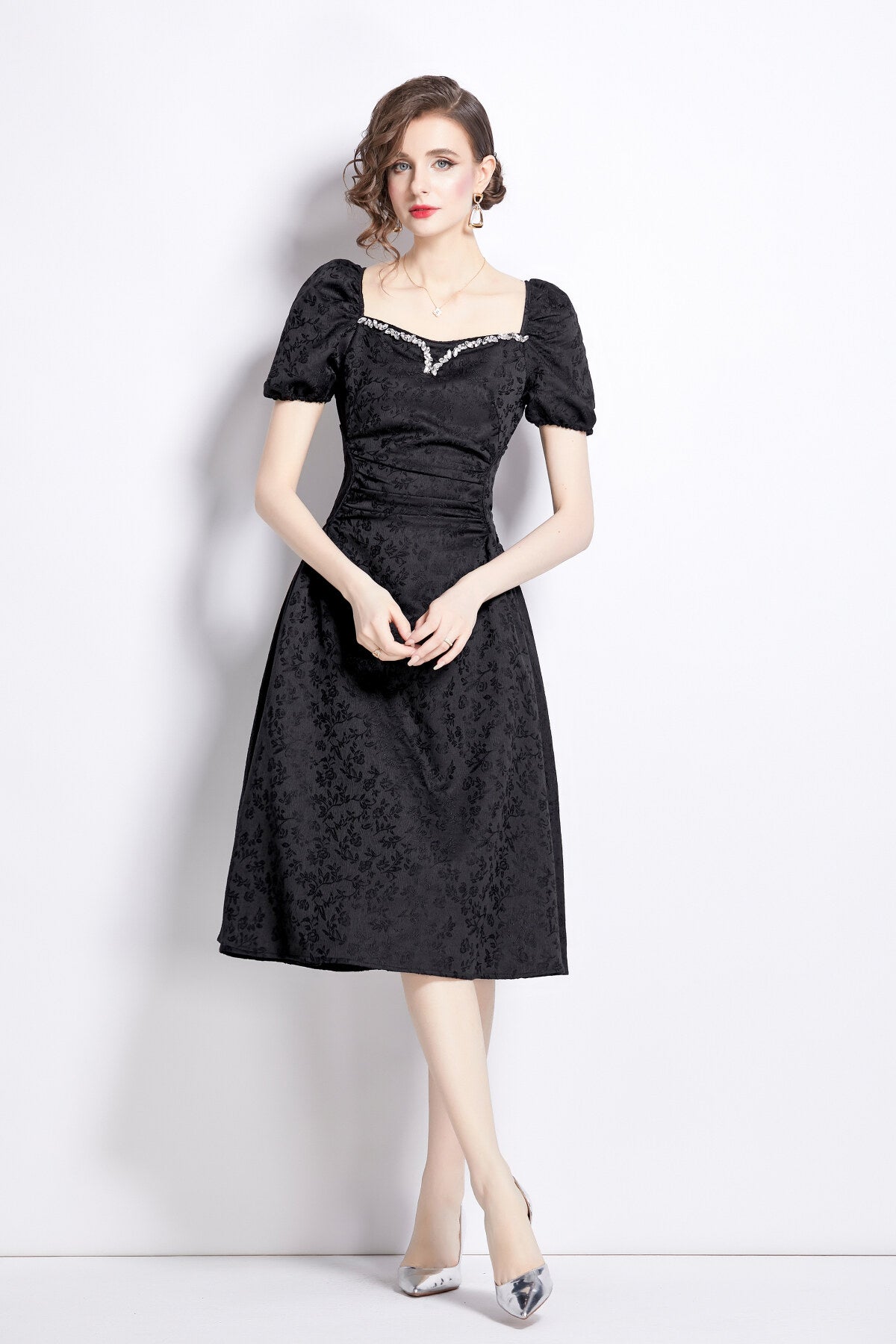 Jacquard Hand Beaded Square Neck Puff Sleeve Midi Dress