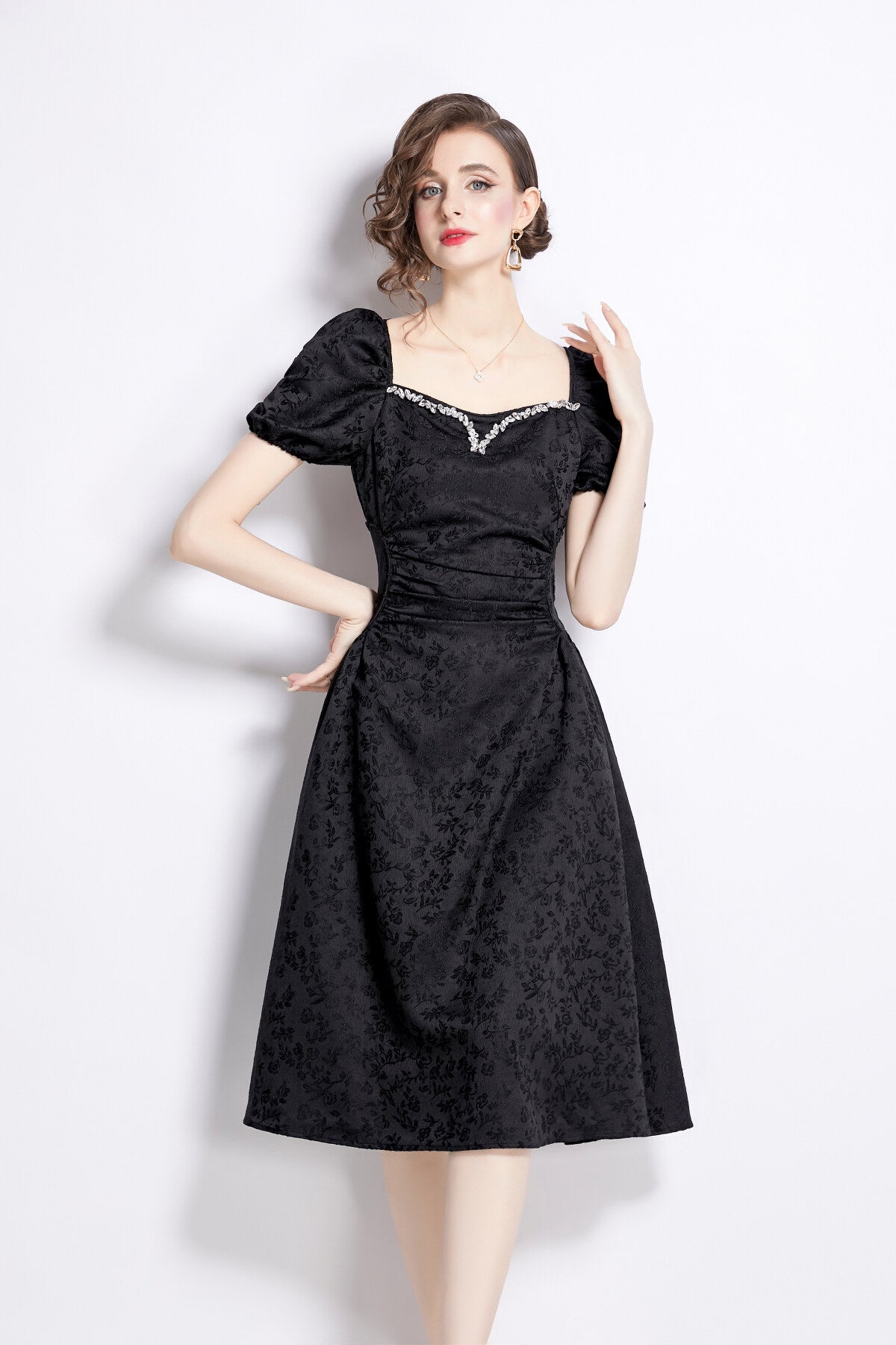 Jacquard Hand Beaded Square Neck Puff Sleeve Midi Dress