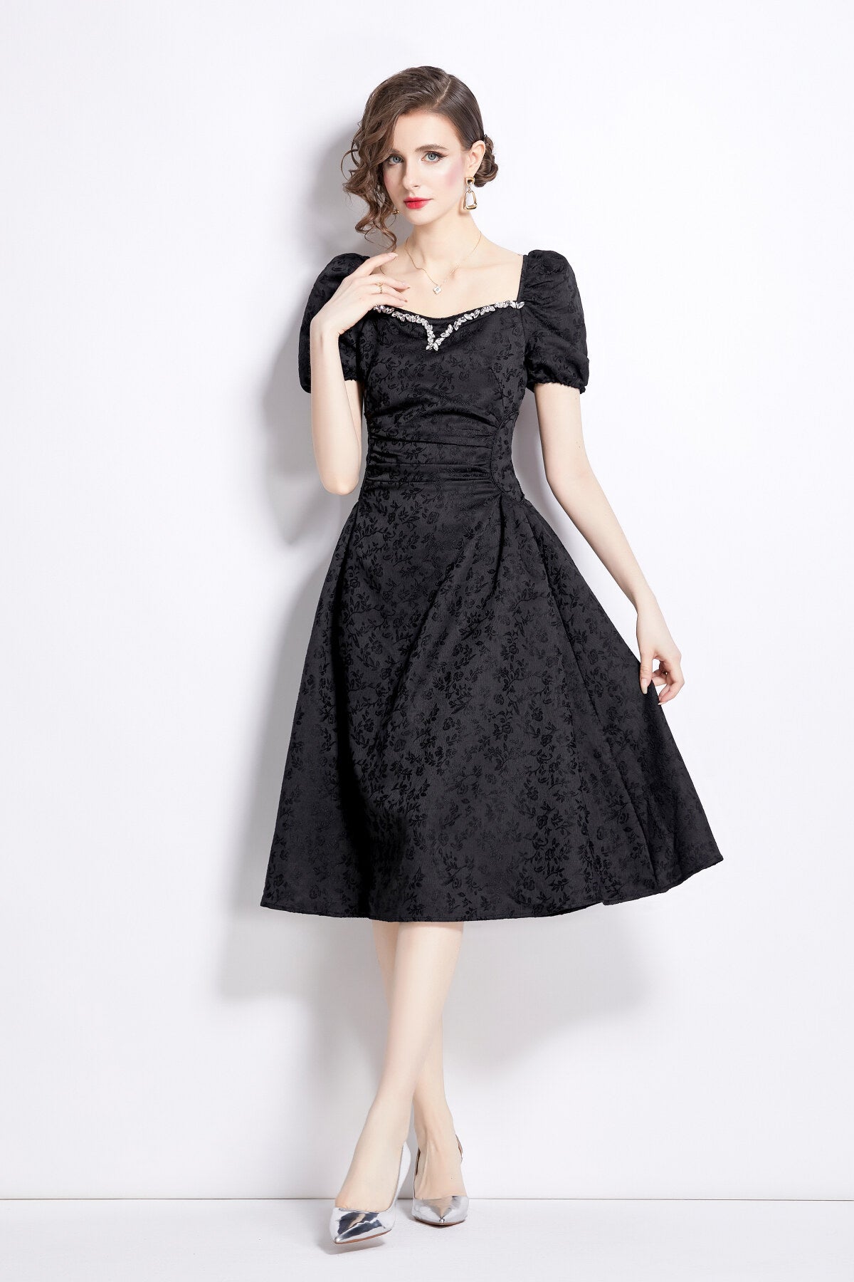 Jacquard Hand Beaded Square Neck Puff Sleeve Midi Dress