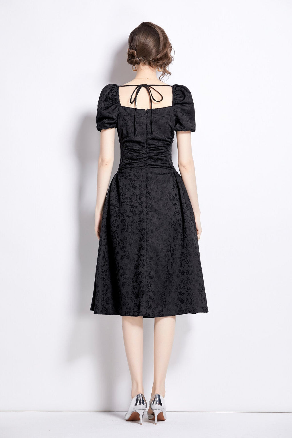 Jacquard Hand Beaded Square Neck Puff Sleeve Midi Dress