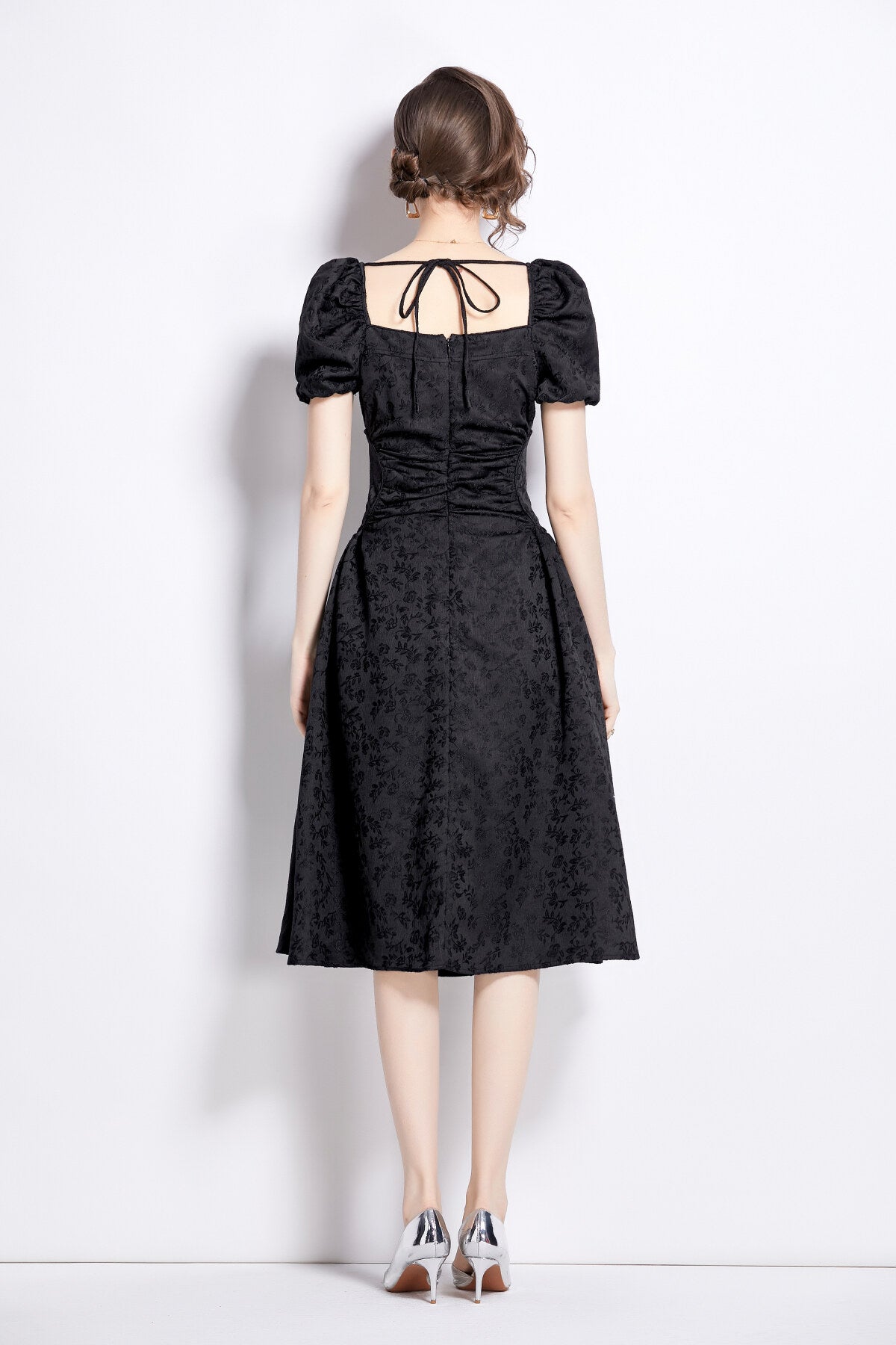 Jacquard Hand Beaded Square Neck Puff Sleeve Midi Dress