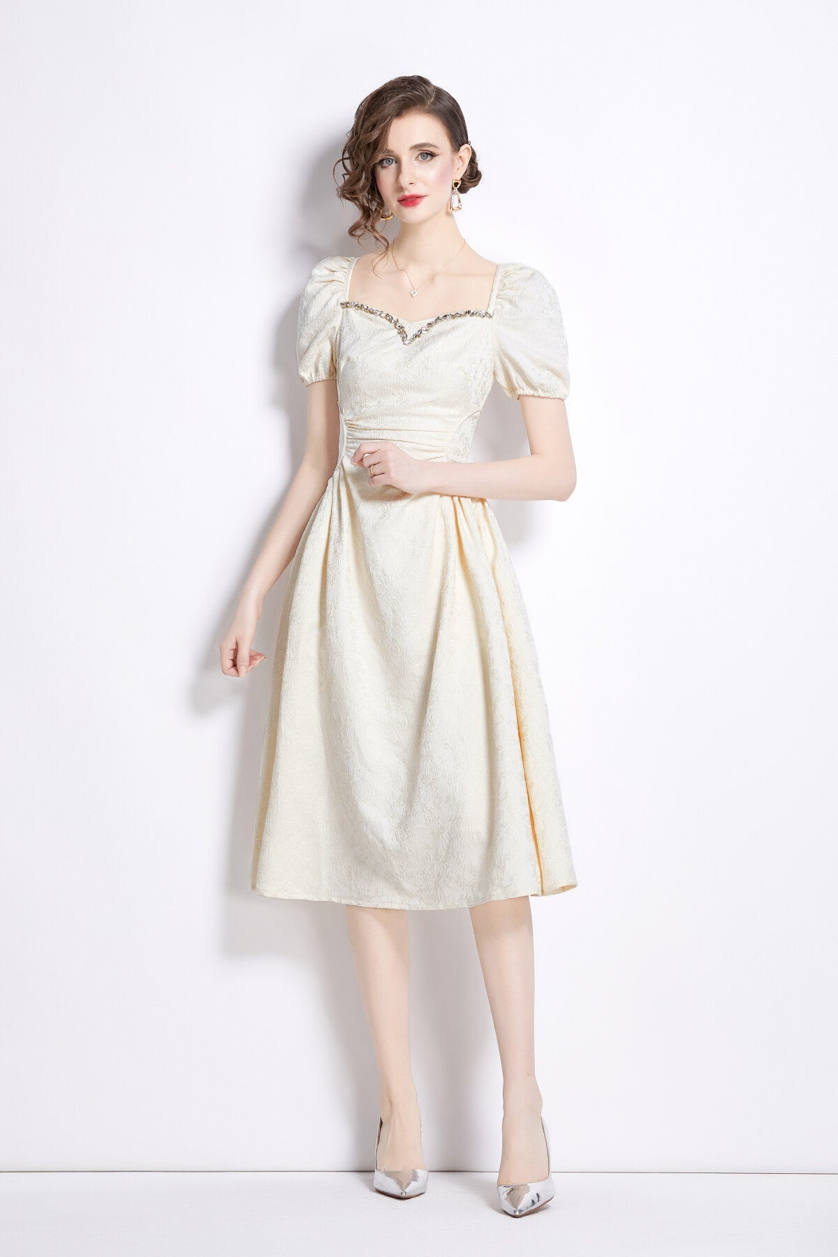 Jacquard Hand Beaded Square Neck Puff Sleeve Midi Dress