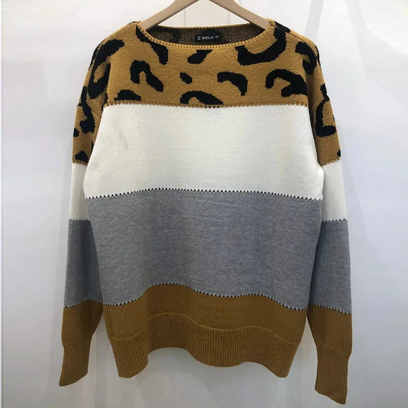 Långärmad stickad tröja med leopardmönster