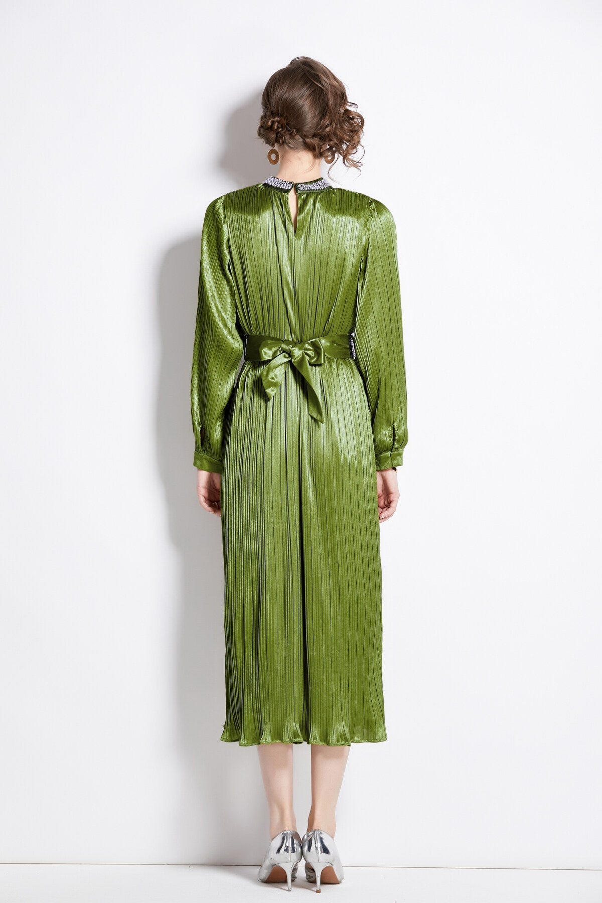 Lantern Sleeve Waist Tie Heavily Beaded Pleated Dress