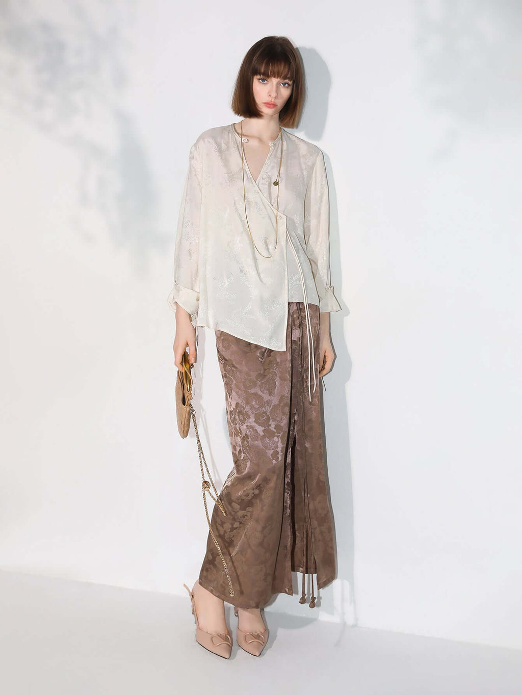 Luxurious Jacquard Draping Brown Silk Satin Skirt-0