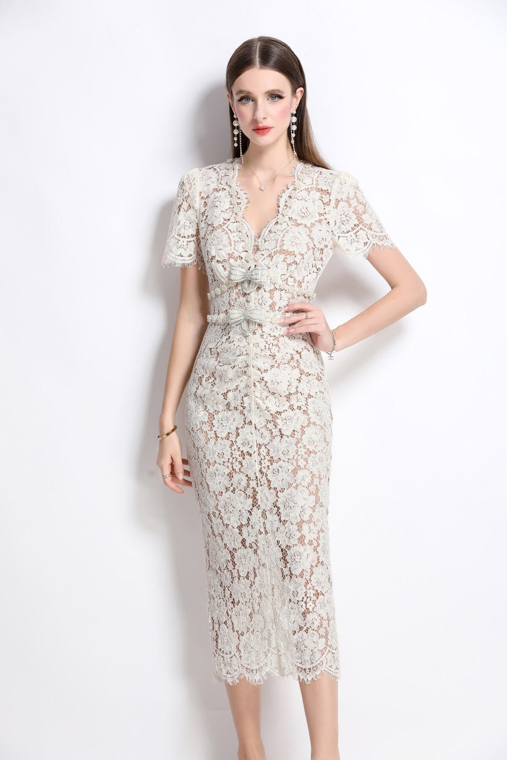 Magnolia White Double Layer Lace Cut Out Pencil Dress-1