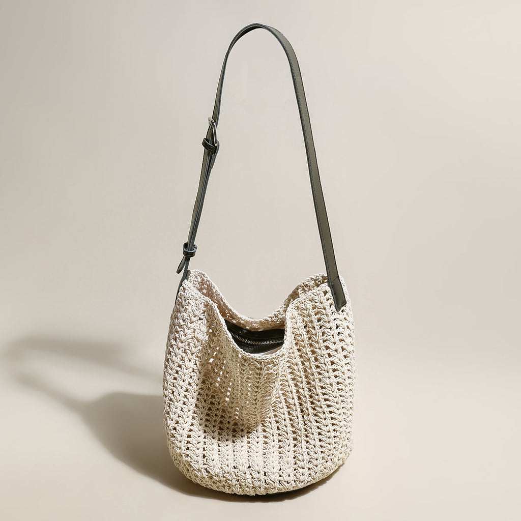 Medium White Beach Tote Bag with Blue Leather Straps-0