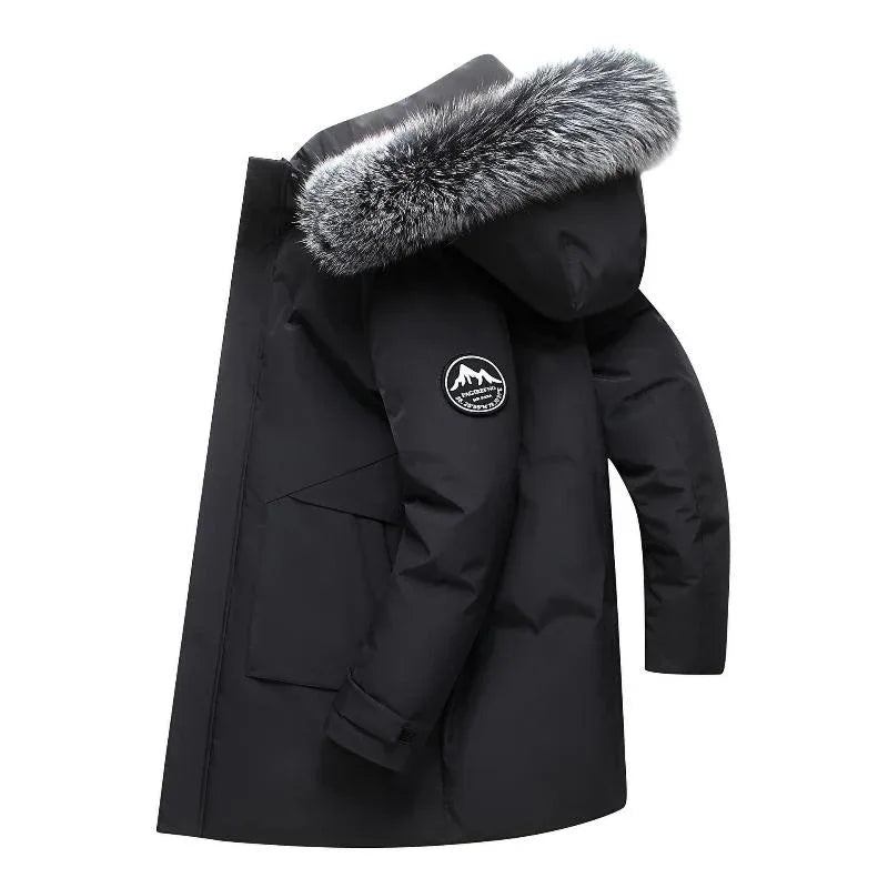 Men's Hooded Mid-Length Down Stuffed Warm Cold-Resistant Winter Jacket