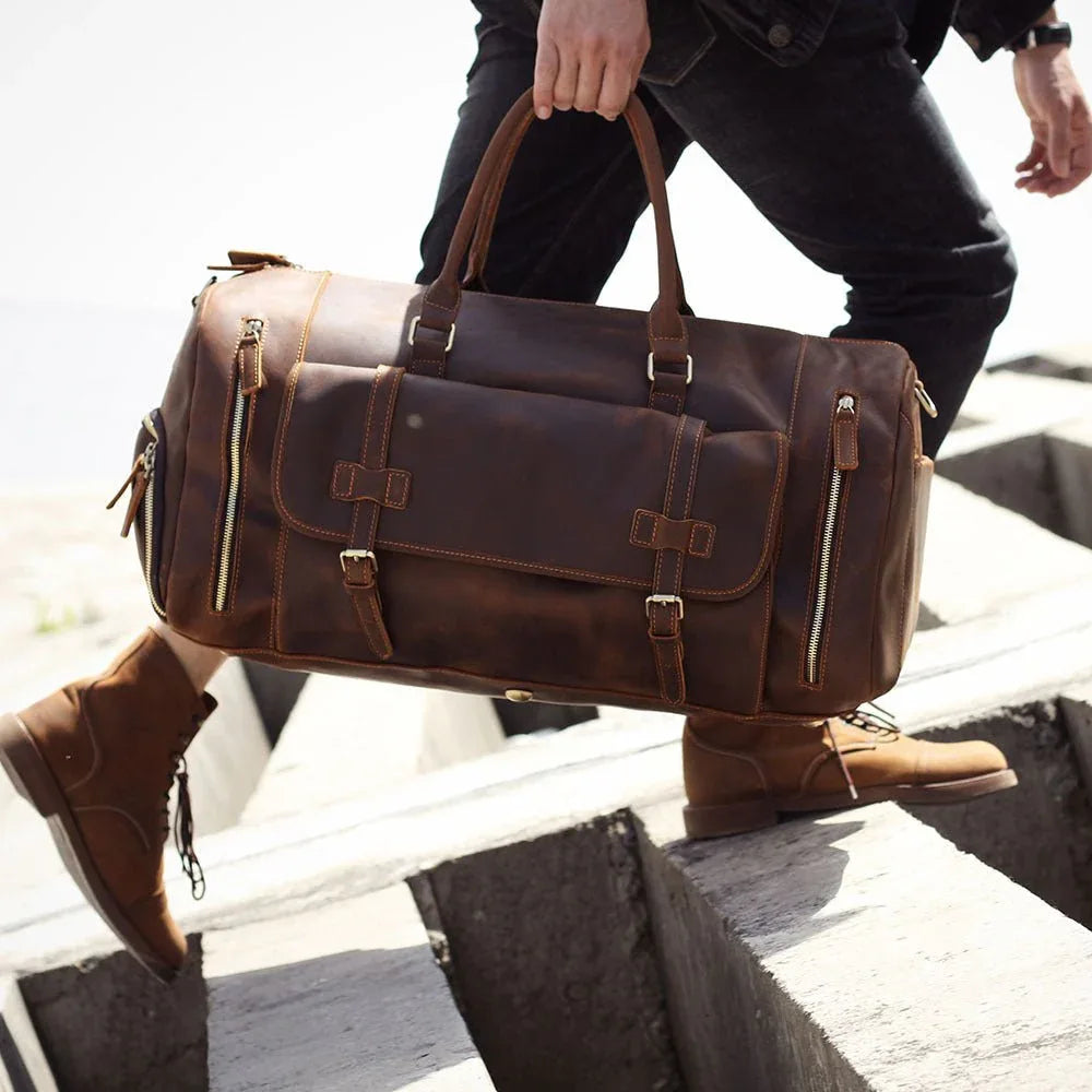 Men's Retro Shoulder Bag Genuine Cowhide Leather Duffle Weekend Bag