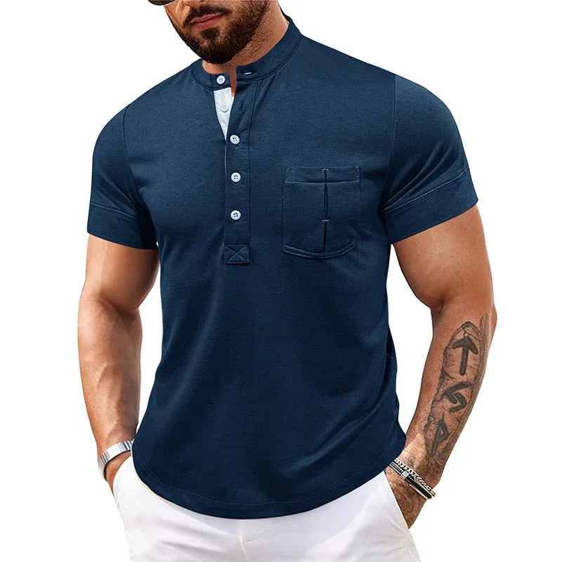 Men's Round Neck Short Sleeve Chest Pocket Polo Shirt