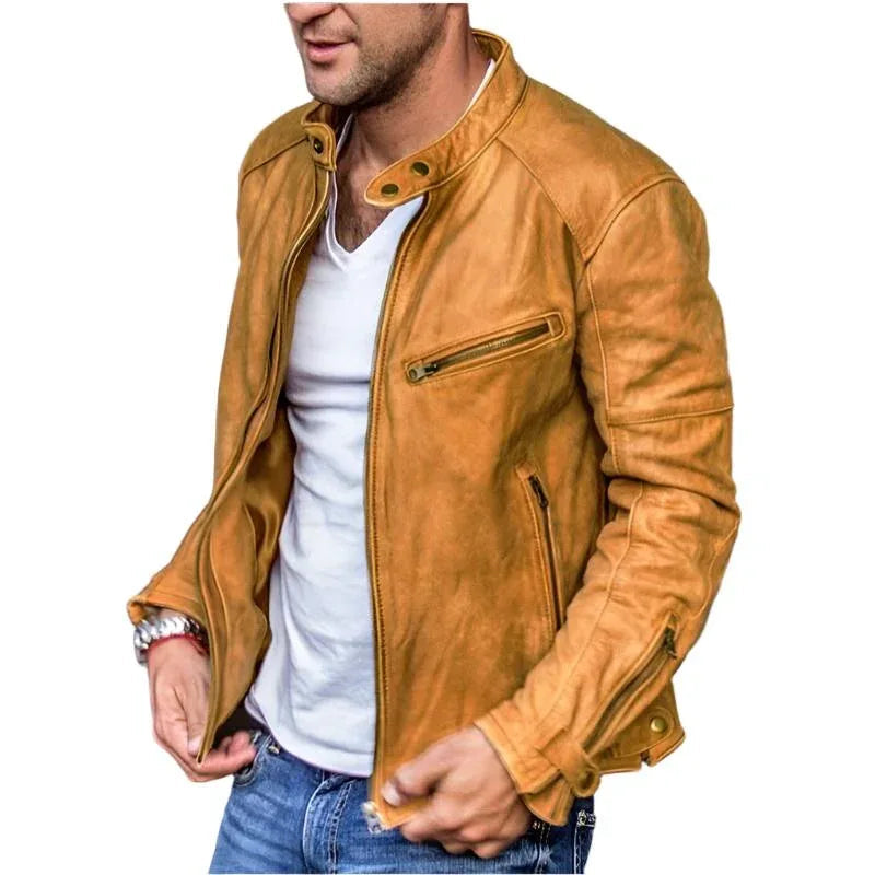 Men's Winter & Autumn PU Leather Jacket With Standing Collar