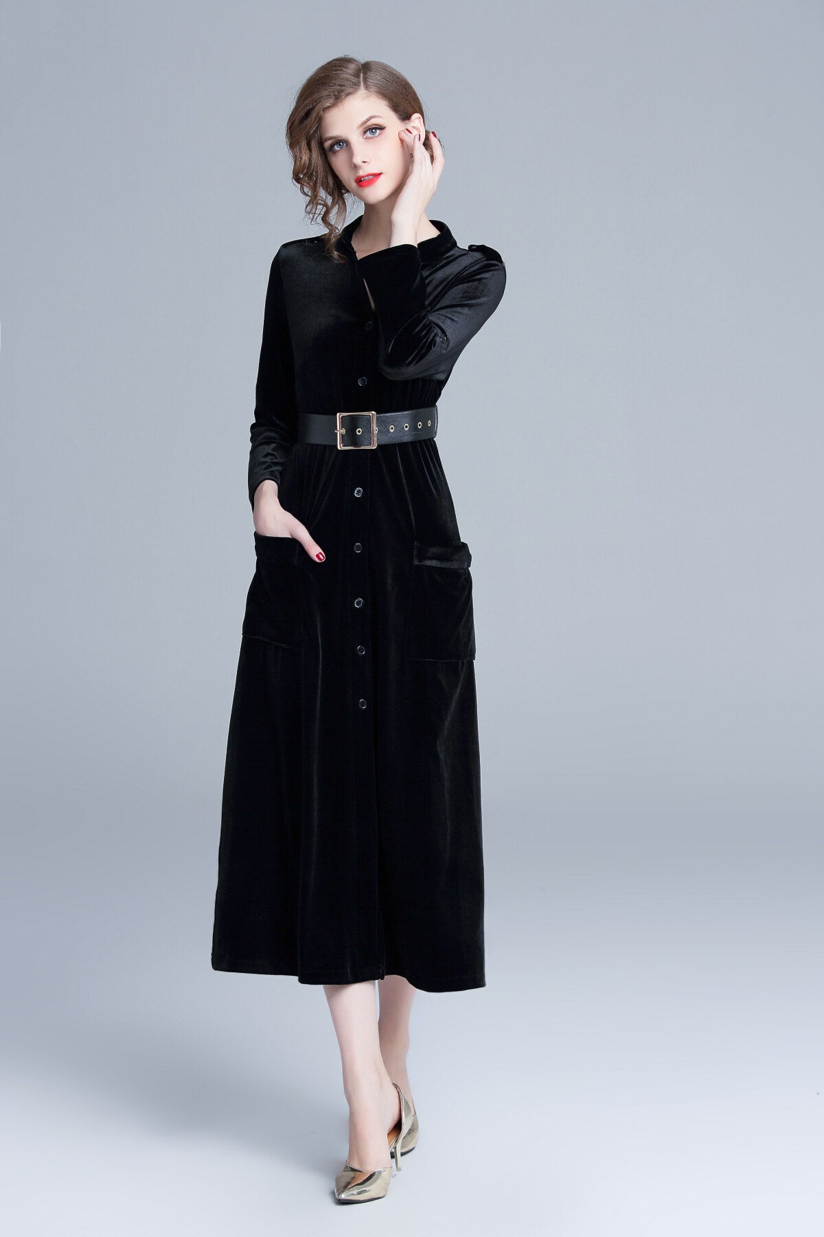 Midnight Black Velvet Long Sleeve Belted Midi Dress