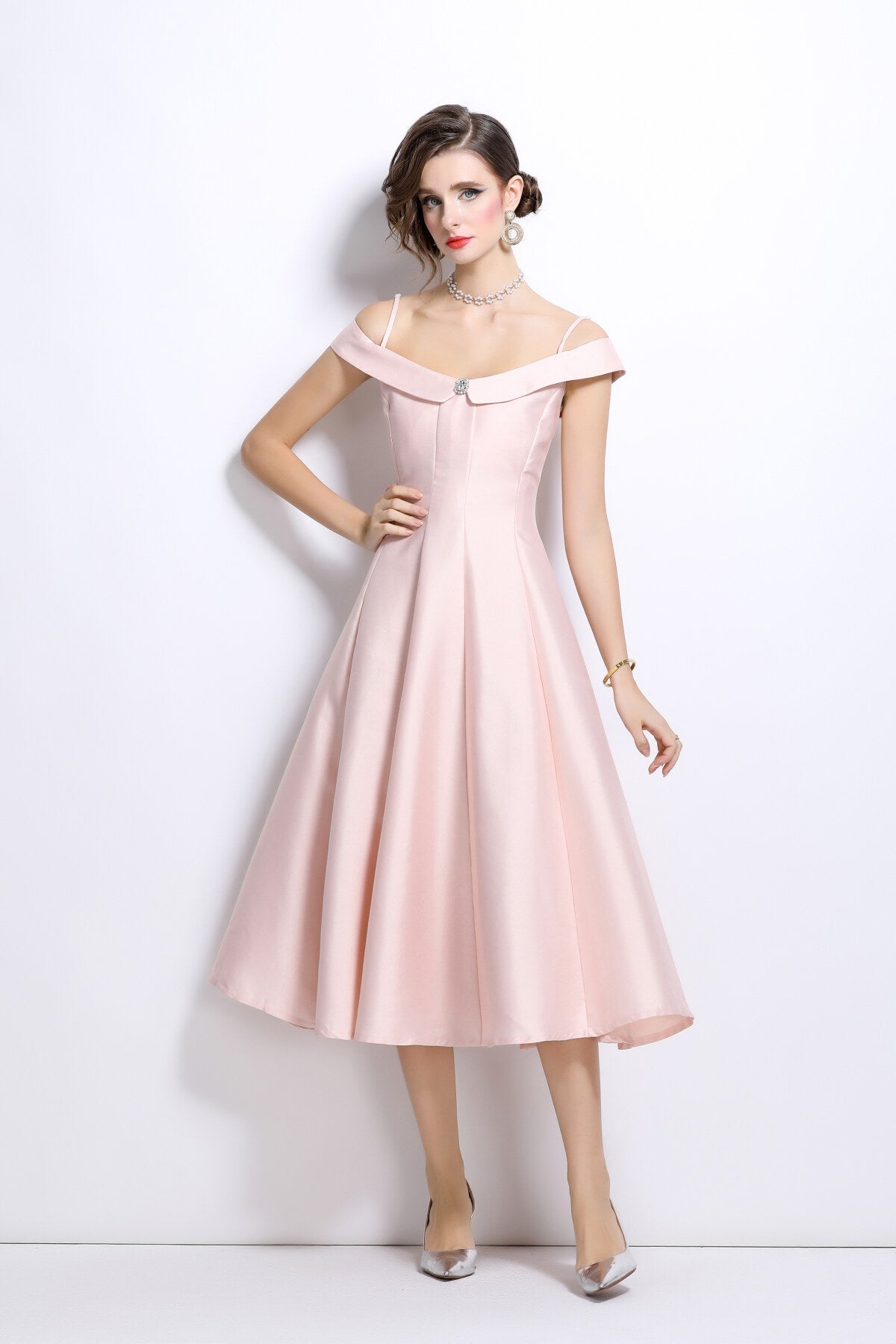 Off Shoulder Sweetheart Neckline Calf Length Dress