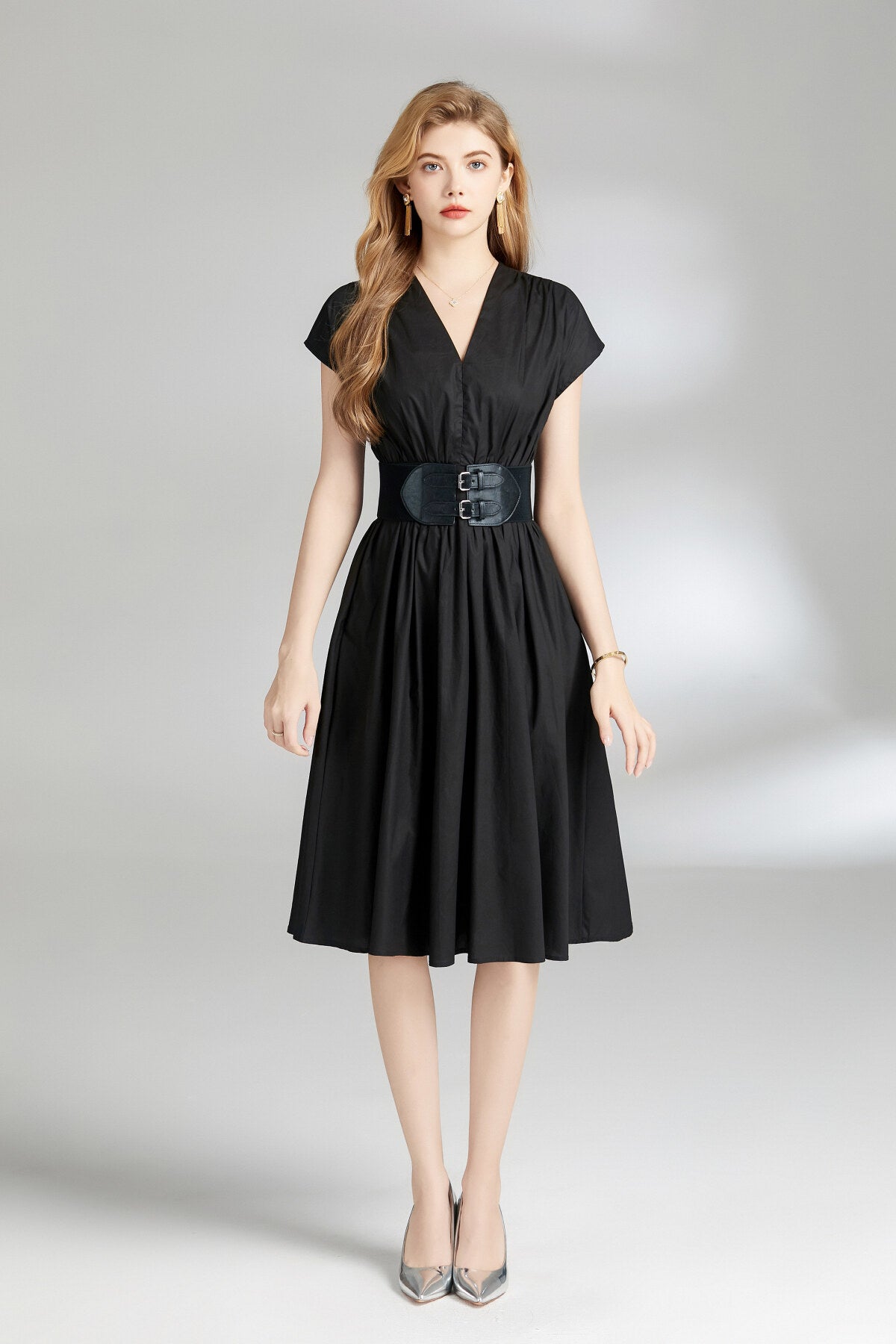 Plunging Neckline Cinched Waist Dress