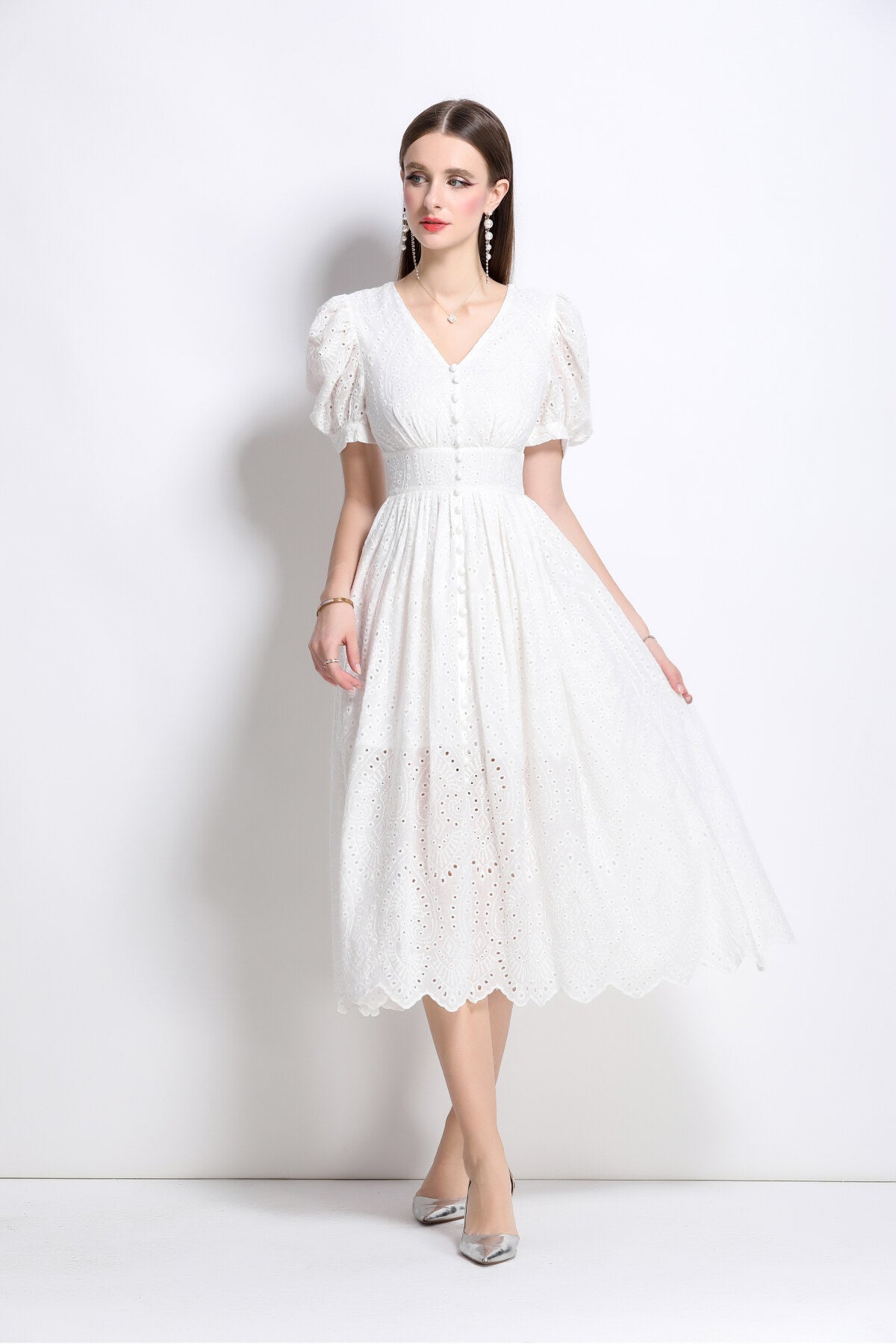 Plunging Neckline Lantern Sleeve Flowy White Maxi Dress-1