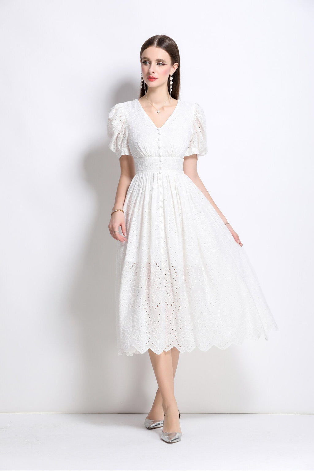 Plunging Neckline Lantern Sleeve Flowy White Maxi Dress