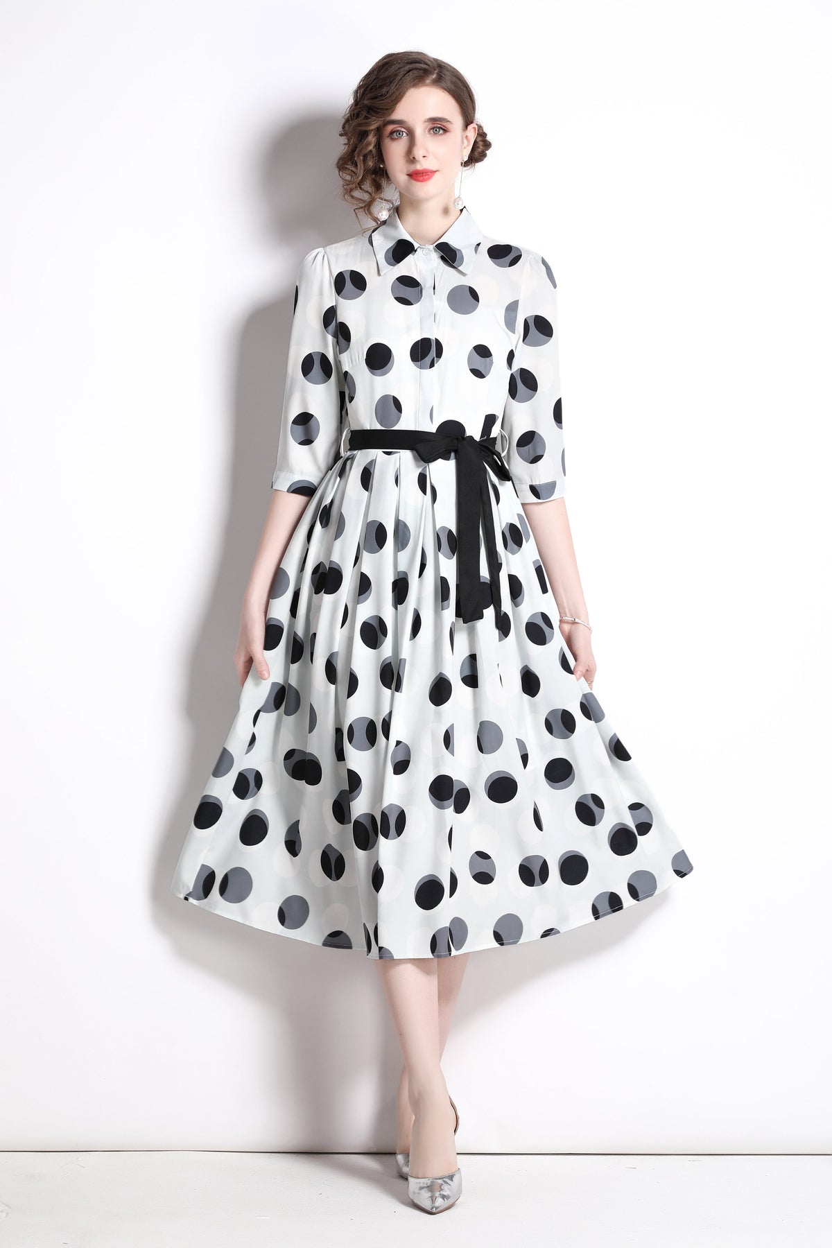 Polka Dot Tie Waist Shirt Dress