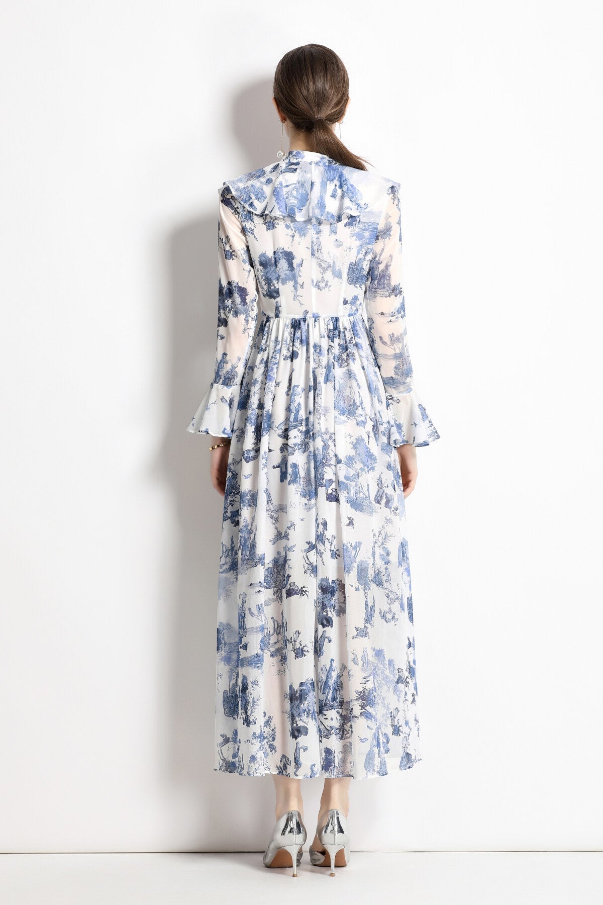 Porcelain Blue Floral Slim Fit Long Sleeve Shirt Dress-3