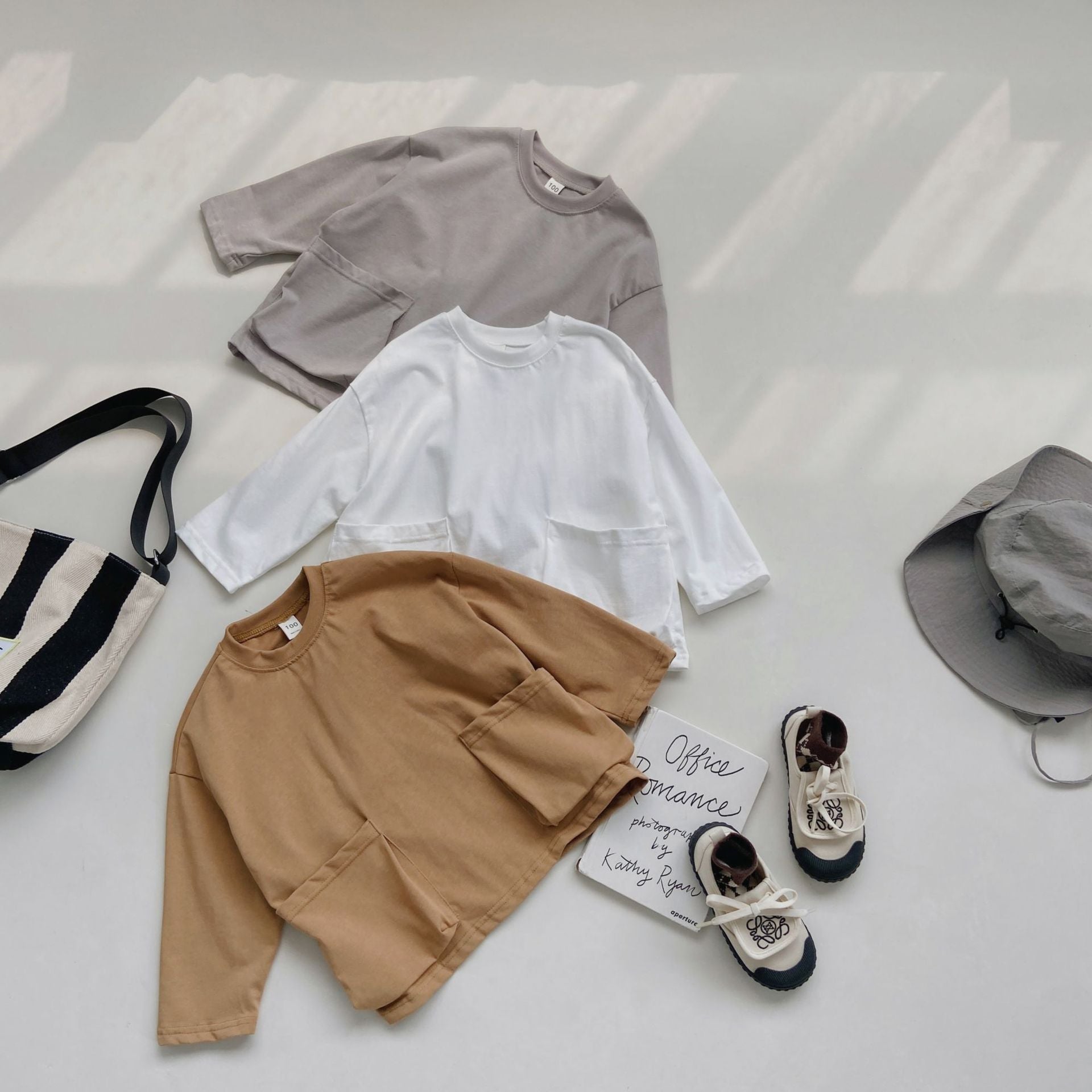 Herbstneuheit: Baby- und Kinder-Unisex-Top, bequem, einfarbig, mit Taschen und langen Ärmeln, langärmlig, bequem, einfarbig