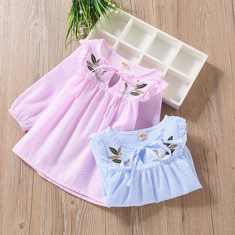 Baby Mädchen Stickmuster Fliege Design Gestreiftes Langarm-T-Shirt