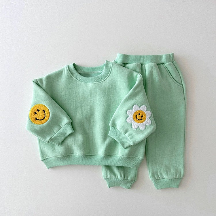 Baby Mädchen Kinder Strickpullover mit Cartoon-Muster, Rundhalsausschnitt, Freizeitpullover und einfarbige Hose