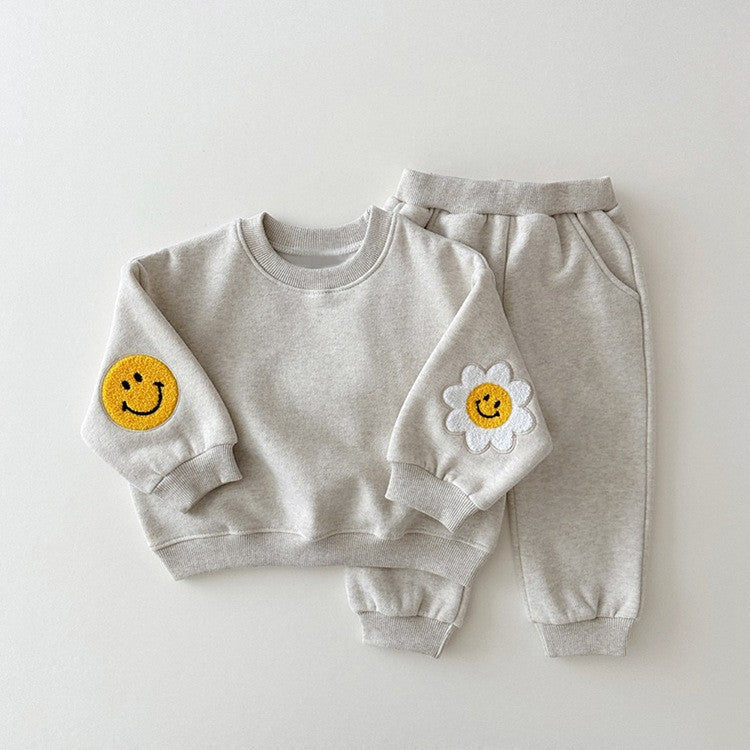 Baby Mädchen Kinder Strickpullover mit Cartoon-Muster, Rundhalsausschnitt, Freizeitpullover und einfarbige Hose