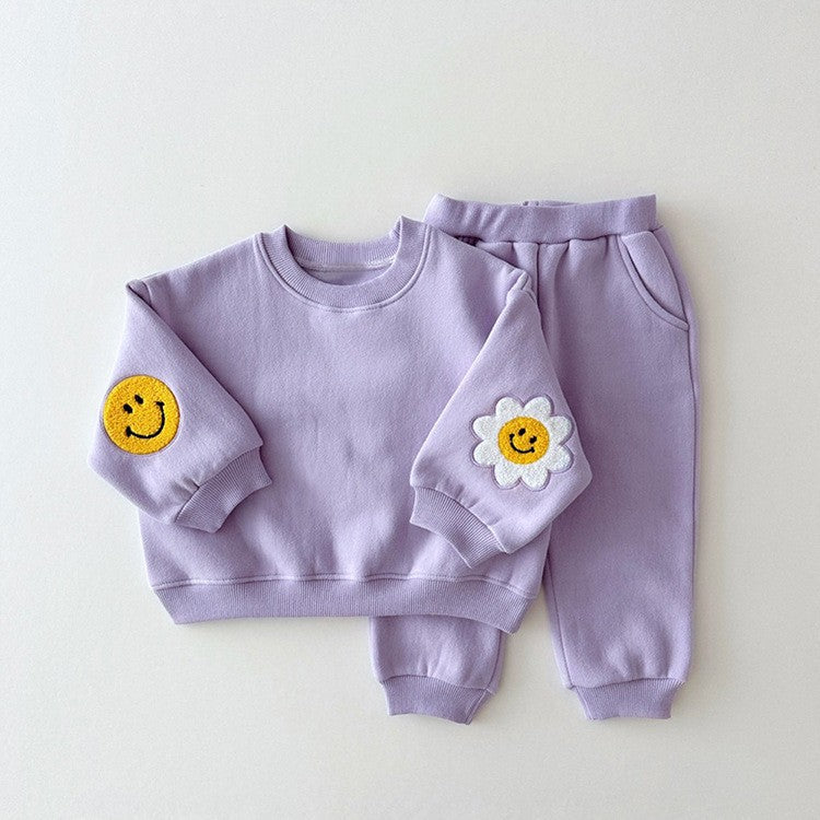 Baby Mädchen Kinder Strickpullover mit Cartoon-Muster, Rundhalsausschnitt, Freizeitpullover und einfarbige Hose