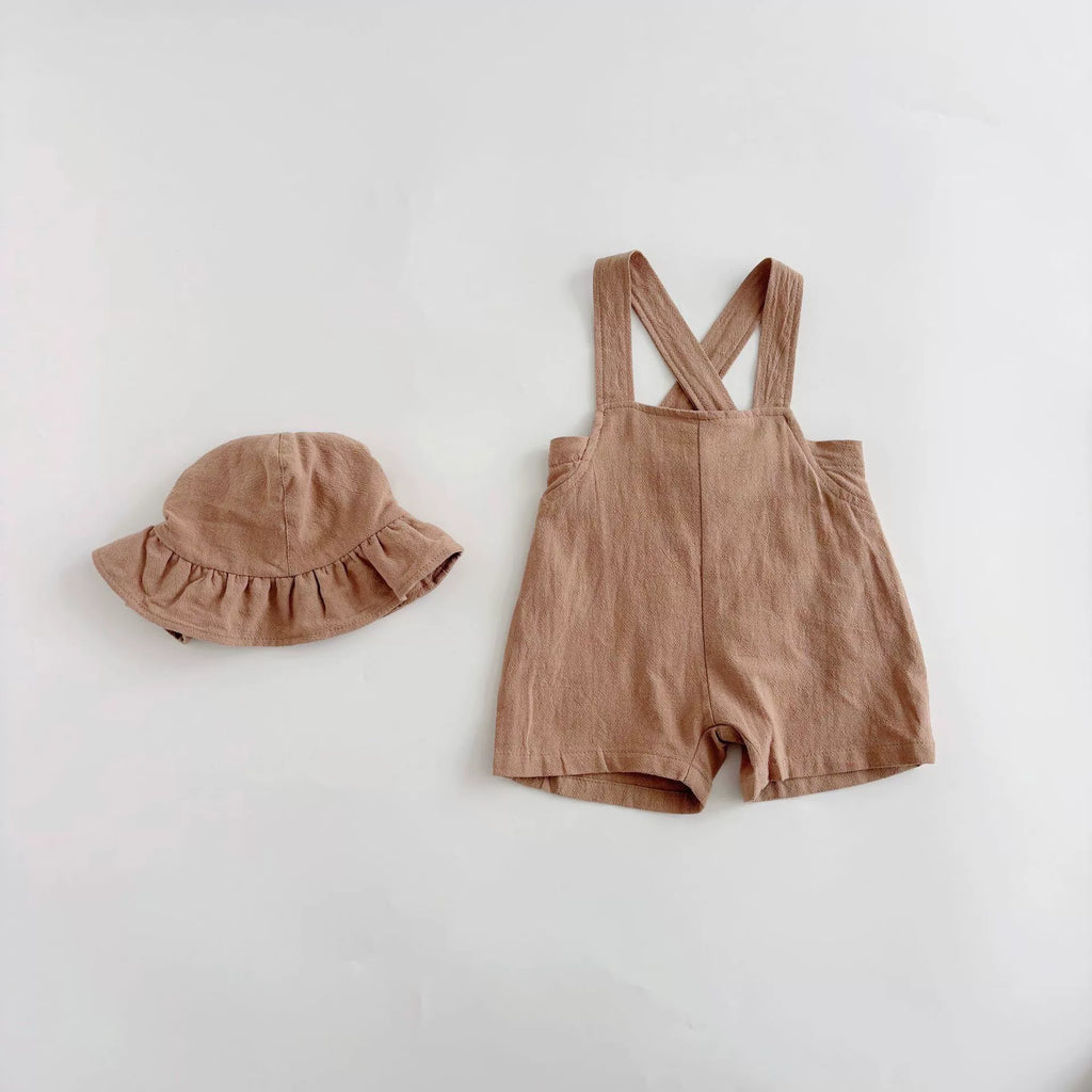 Summer Hot Selling Baby Kids Unisex Sleeveless Simple Plain Strap Rompers Overalls and White T-Shirt Clothing Set