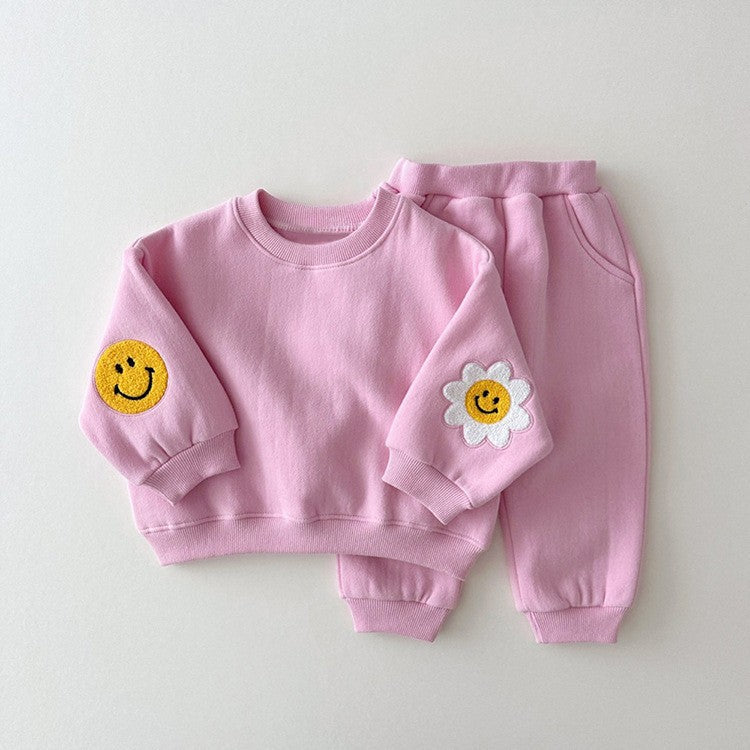 Baby Mädchen Kinder Strickpullover mit Cartoon-Muster, Rundhalsausschnitt, Freizeitpullover und einfarbige Hose