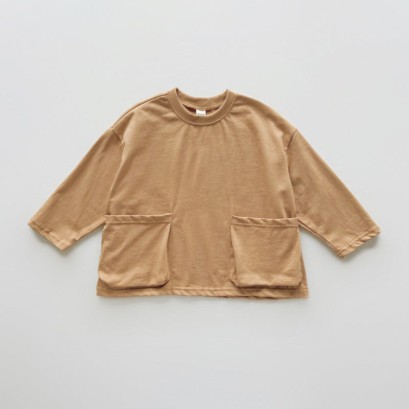 Herbstneuheit: Baby- und Kinder-Unisex-Top, bequem, einfarbig, mit Taschen und langen Ärmeln, langärmlig, bequem, einfarbig
