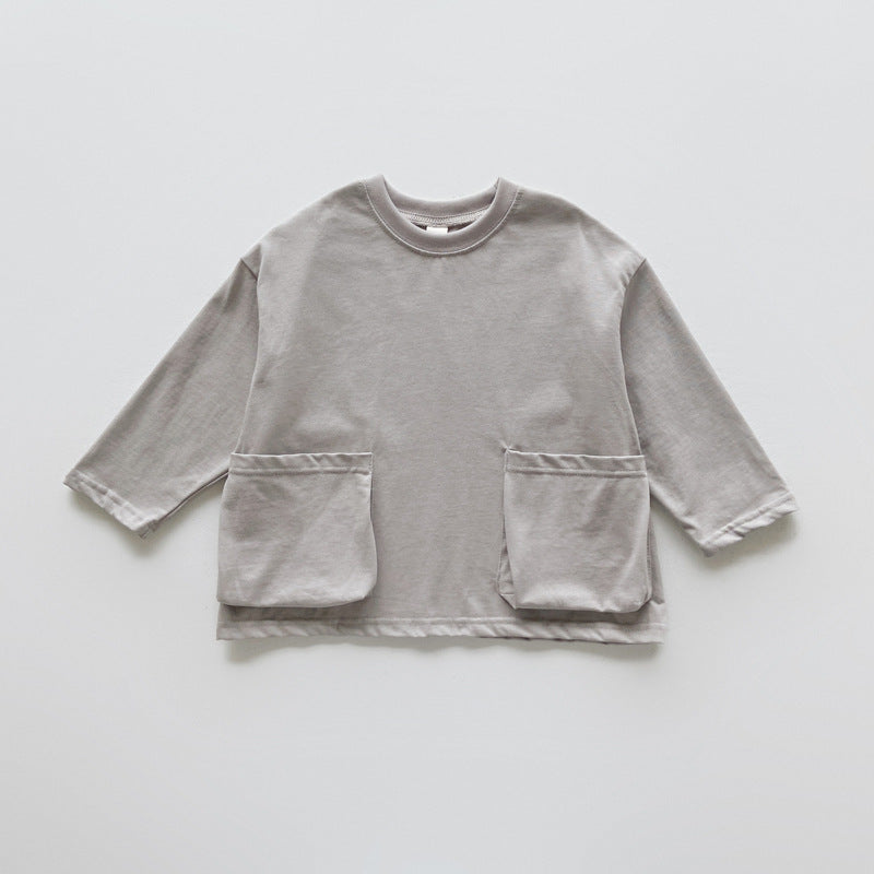 Herbstneuheit: Baby- und Kinder-Unisex-Top, bequem, einfarbig, mit Taschen und langen Ärmeln, langärmlig, bequem, einfarbig