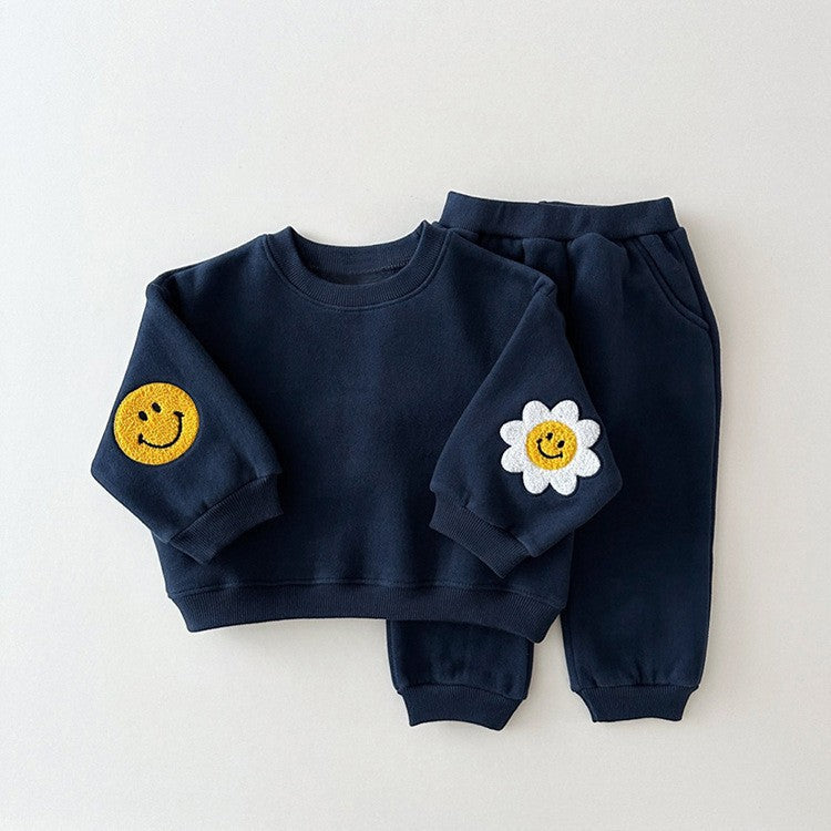 Baby Mädchen Kinder Strickpullover mit Cartoon-Muster, Rundhalsausschnitt, Freizeitpullover und einfarbige Hose