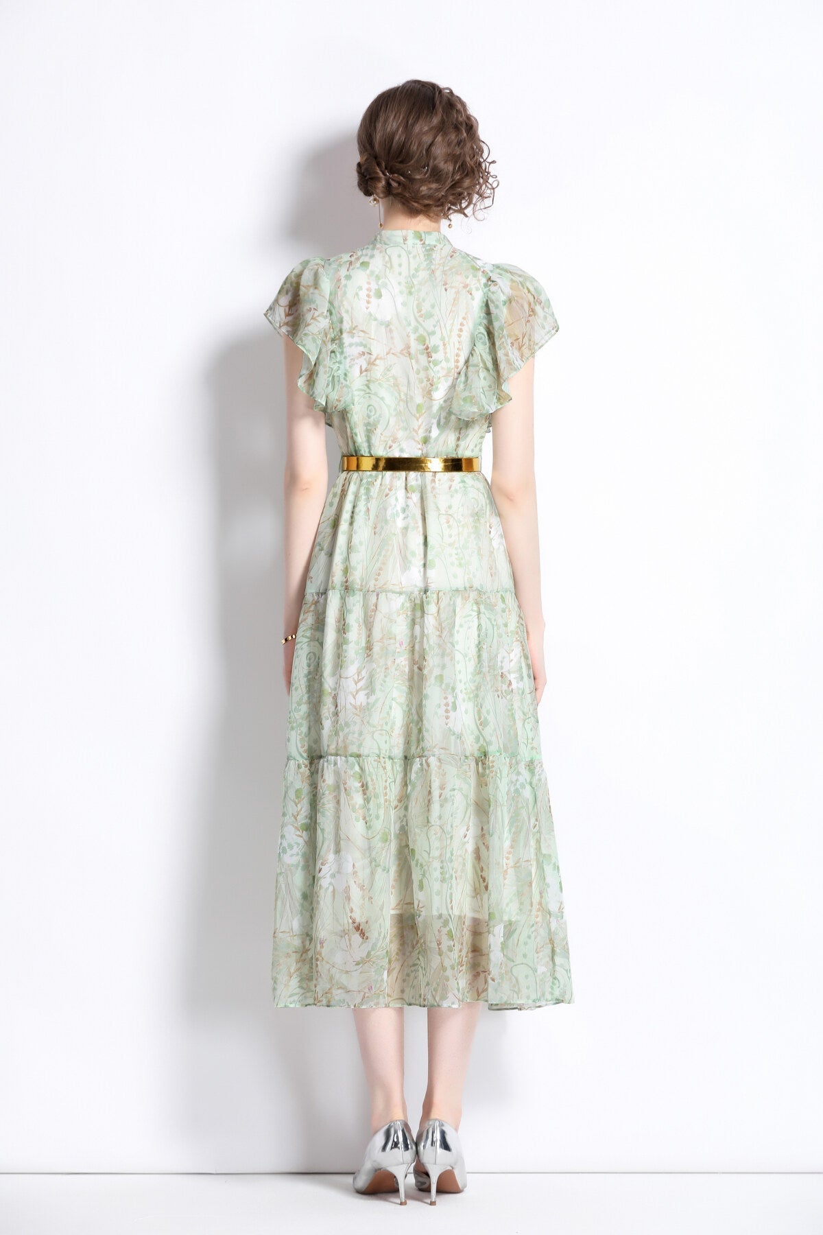 Ruffled Short Sleeve Belted Mint Green Midi Dress