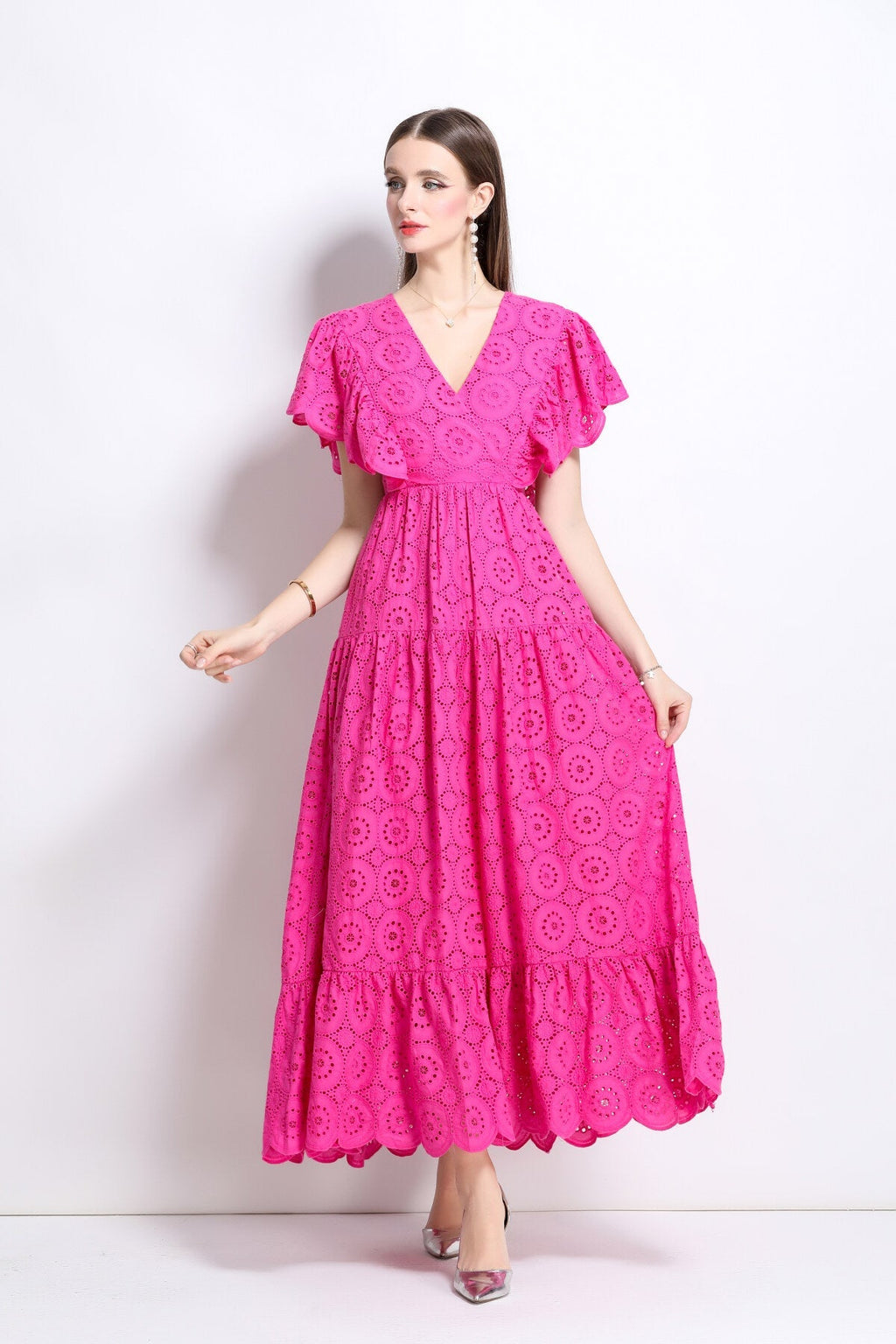 Samantha Lace Cut Out Ruffle Sleeve Maxi Dress