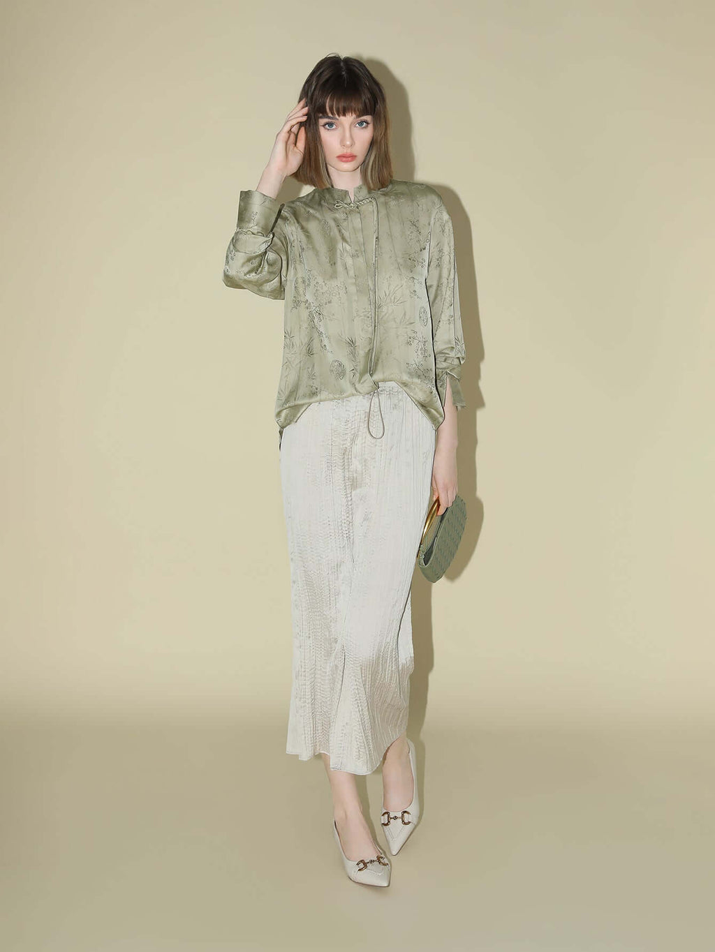 Satin Champagne Pleated Flowing A-Line Skirt-2