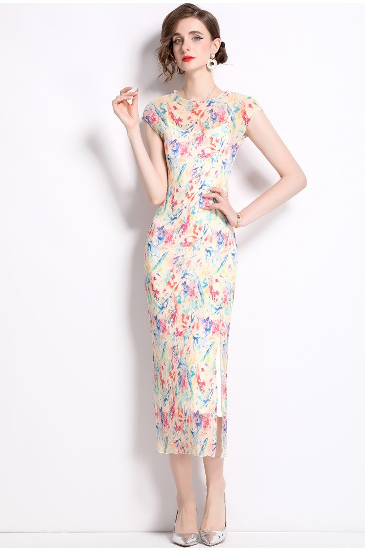Short Sleeve Double Layer Sheer Rainbow See Through Dress-0