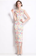 Short Sleeve Double Layer Sheer Rainbow See Through Dress-0