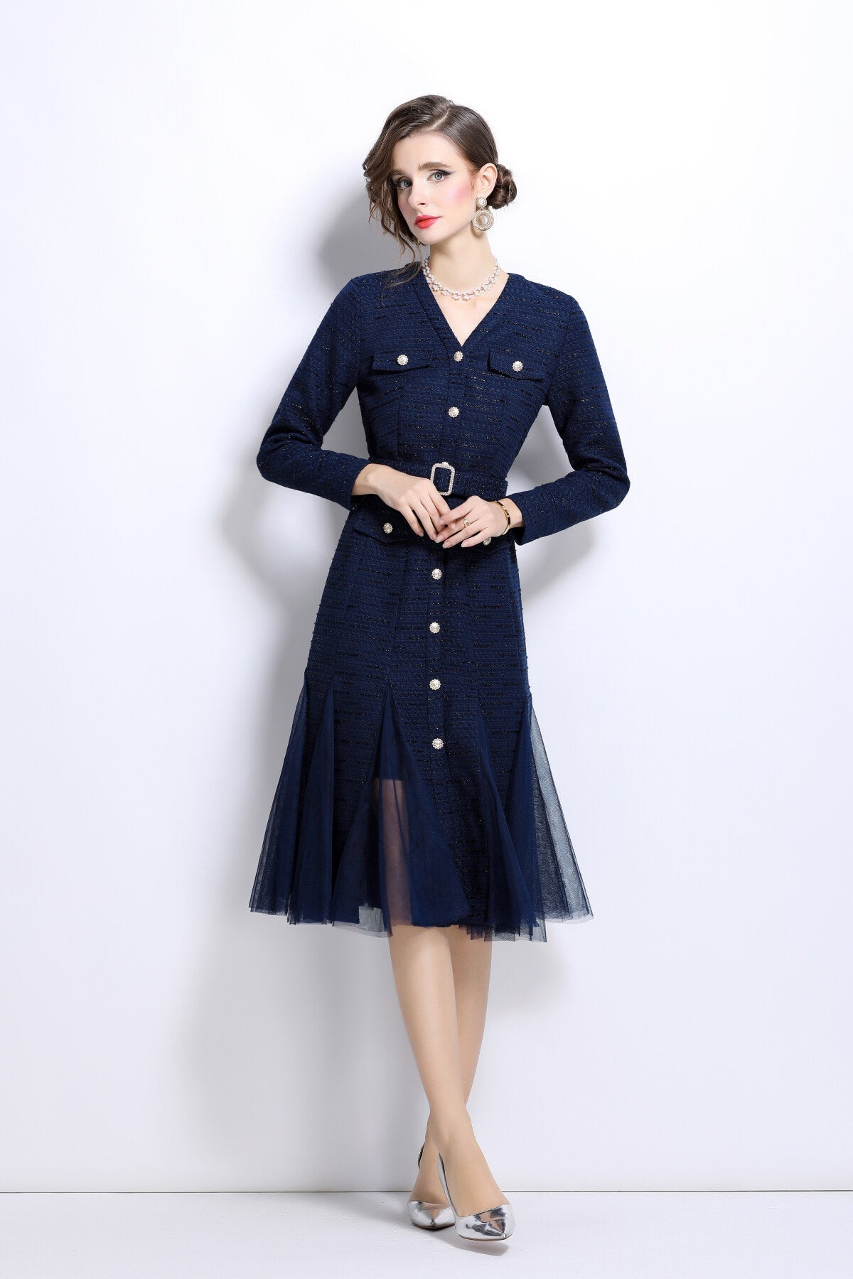 Slim Fit Long Sleeve Buckle Waist Mermaid Dress