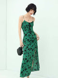 Spaghetti Strap Floral Green Maxi Dress with Side Slit-0