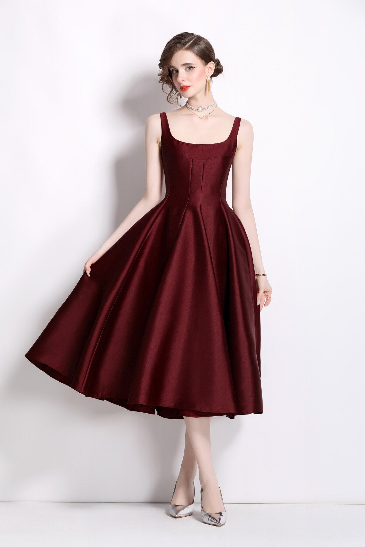 Spaghetti Strap Waist Cinching Maroon Cocktail Dress