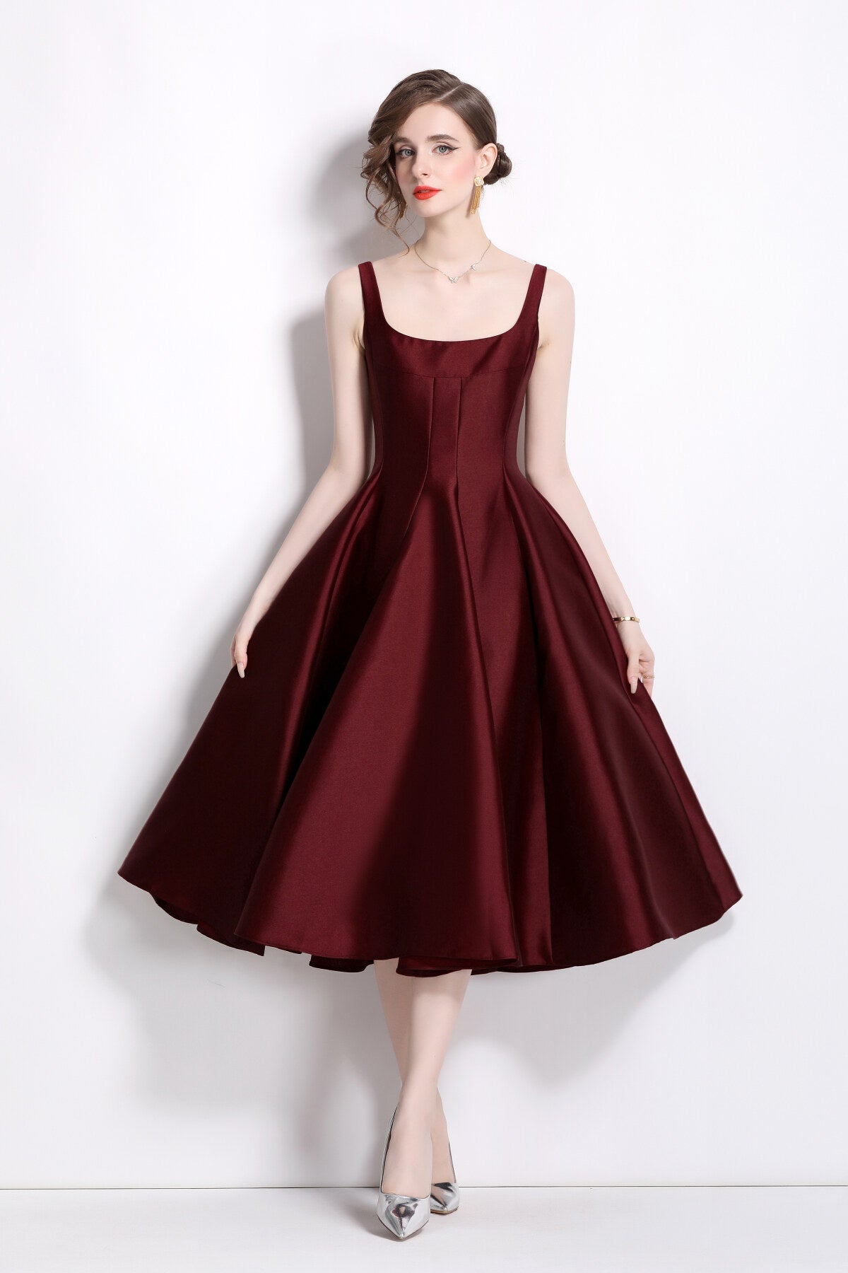 Spaghetti Strap Waist Cinching Maroon Cocktail Dress
