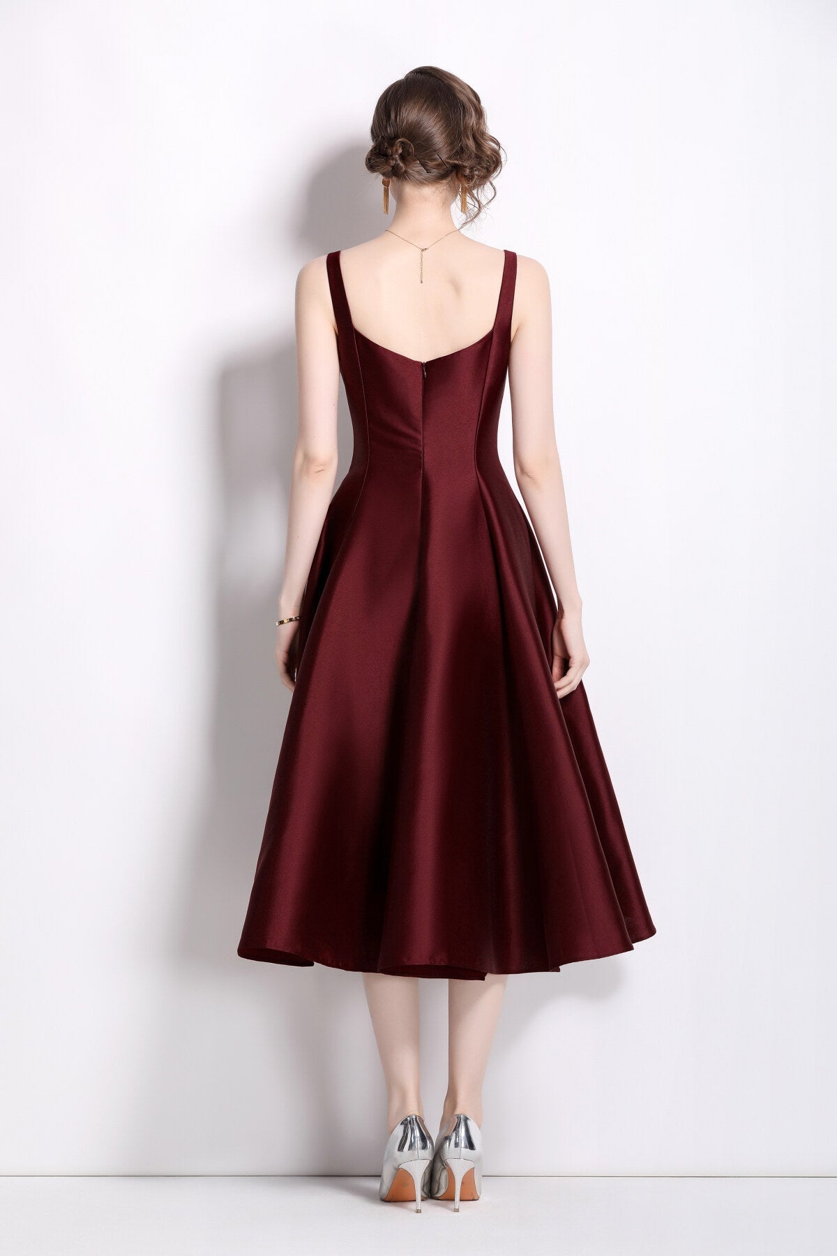 Spaghetti Strap Waist Cinching Maroon Cocktail Dress